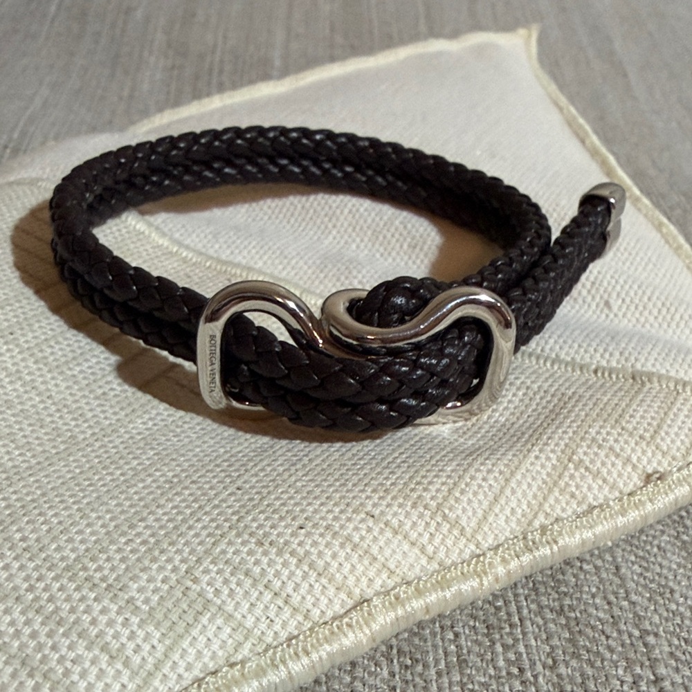 Bottega Veneta Black Braided Leather Bracelet with Silver Accents